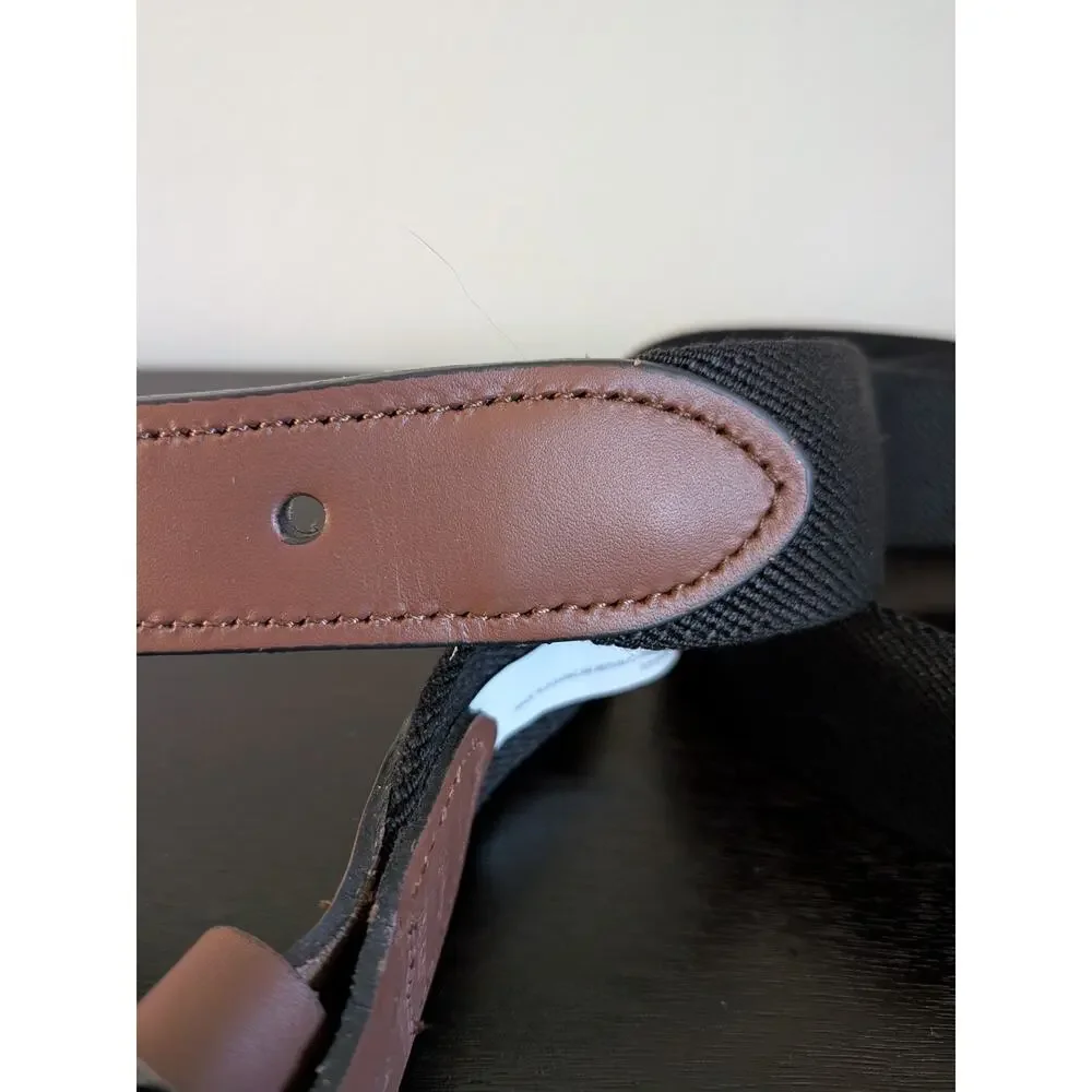 Lands' End Men's Stretch Belt Size 44 Black Elastic Cognac Leather Buckle